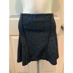 Veronica Beard Blue & Black Baroque Scroll Flounce Mini Skirt, Size Large